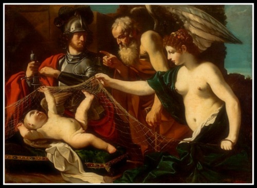 "Allegory with Venus, Mars, Cupid and Time". by Guercino (1625). In this painting, winged Time points an accusing finger at baby Cupid, (Eros) held in a net that evokes the snare in which Venus (Aphrodite) and Mars (Ares) were caught by her betrayed husband Vulcan (hephasitos)   