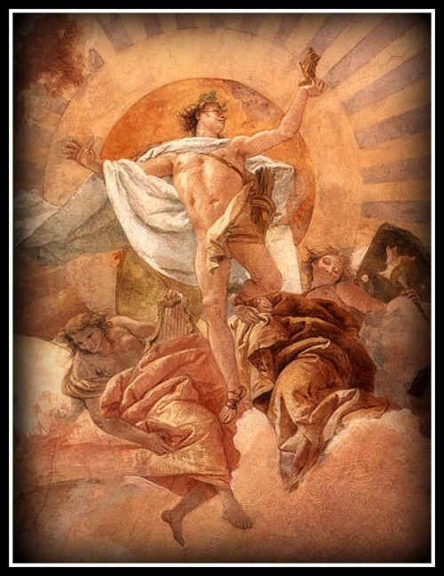 "Apollo and the Continents. Details of Frescoes in the Würzburg Residenz (1751-53) by Giovanni Battista Tiepolo (1752-53 ). Description: Apollo has left his palace and is floating slowly downward, accompanied by two of the Horae, while the rising sun shines out behind him. This is a mythological representation of the sun rising over the Earth, which is symbolized by the surrounding Continents. The sun appears as a life-giving force which determines the course of the days, months and years.