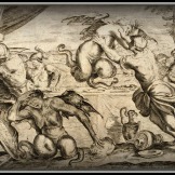 Aeneas and his Companions Combat the Harpies, plate 10 of L'Enea Vagante Pitture dei Caracci from of a set of twenty prints after the paintings by Agostino Carracci (16th century).
