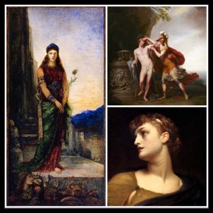 On the Left: "Helen on the Walls of Troy" by Gustave Moreau. (1885). On the Right: Up: "Castor and Pollux, The Heavenly Twins", by Giovanni Battista Cipriani. (1783). On the Right: Down: "Clytemnestra" by Frederick Leighton. (19th century).