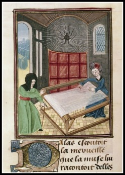«Παλλάς και Αράχνη στον αργαλειό", από Ovide Moralise γράφτηκε από τον Chretien Legouais (περγαμηνή), Γαλλική Σχολή.  Του 14ου αιώνα.