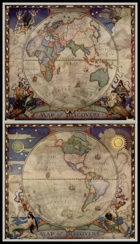 Maps of Eastern & Western Hemispheres by N.C. Wyeth for National Geographic, 1928