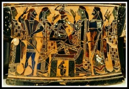 Attic tripod with black figures. Birth of Athena. Under the throne of Zeus, the allegorical figure of Metis. 570-560 a.C. Louvre Museum.