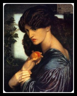 “Proserpine / Persephone” (three-quarter portrait holding a pomegranate), by Dante Gabriel Rossetti (1874).-